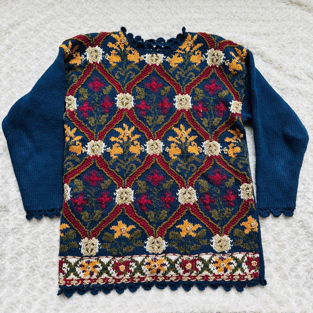 Ralsey Womens Vintage Navy Floral Tapestry Lattice Cotton Heavy Warm Sweater M